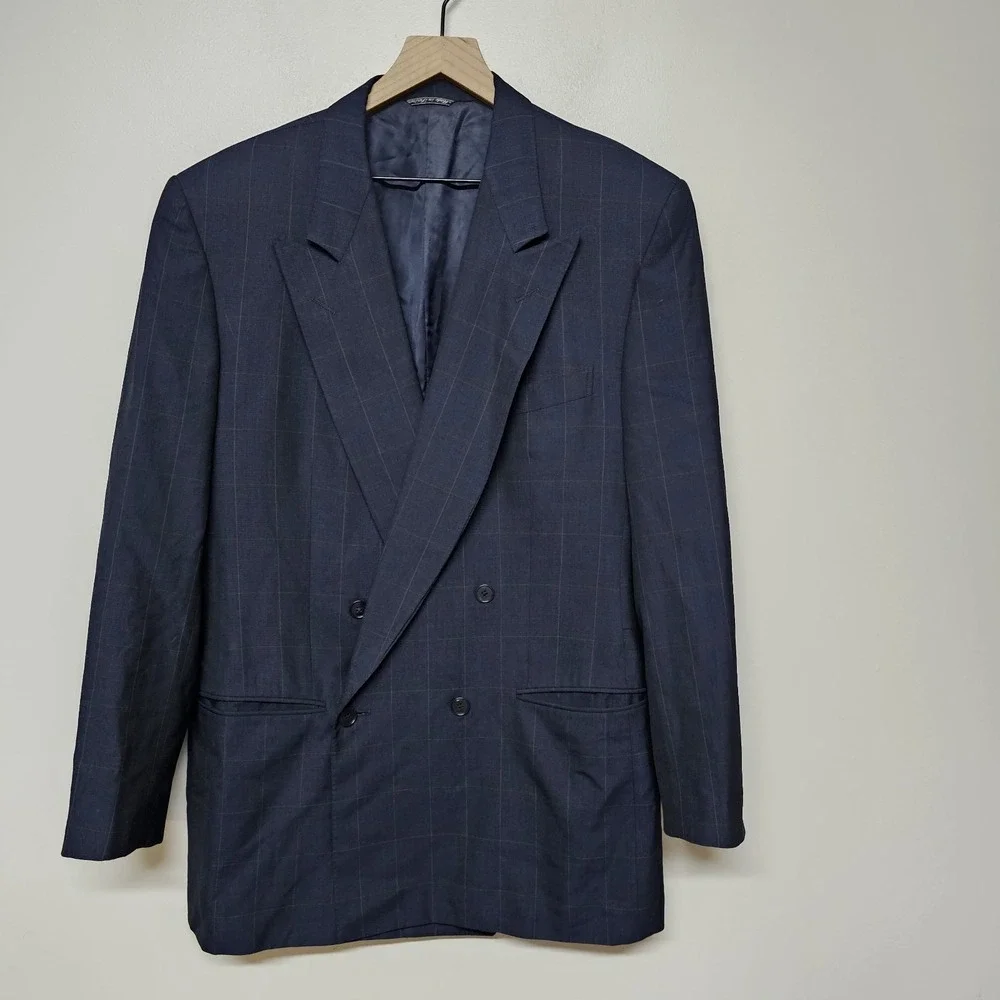 Ermenegildo Zegna Wool‎ Silk Blazer 42L Navy Windowpane Double Breasted Italy